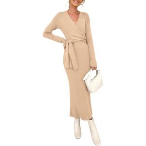 imageHappy Sailed Womens Knit Dress Spring Long Sleeve Wrap V Neck Tie Waist Ribbed Sweater DressesApricot