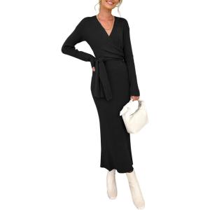 imageHappy Sailed Womens Knit Dress Spring Long Sleeve Wrap V Neck Tie Waist Ribbed Sweater DressesBlack