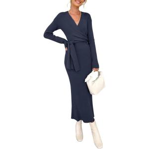 imageHappy Sailed Womens Knit Dress Spring Long Sleeve Wrap V Neck Tie Waist Ribbed Sweater DressesBlue