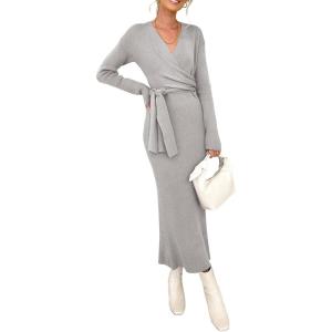 imageHappy Sailed Womens Knit Dress Spring Long Sleeve Wrap V Neck Tie Waist Ribbed Sweater DressesGray