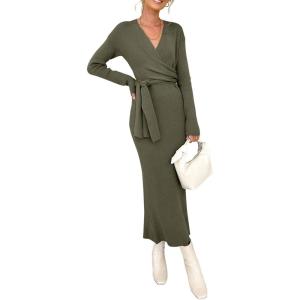 imageHappy Sailed Womens Knit Dress Spring Long Sleeve Wrap V Neck Tie Waist Ribbed Sweater DressesGreen