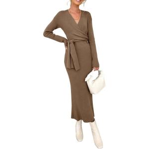 imageHappy Sailed Womens Knit Dress Spring Long Sleeve Wrap V Neck Tie Waist Ribbed Sweater DressesKhaki