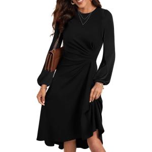 imageHappy Sailed Womens Long Sleeve Ruched Waist Flowy A Line High Low Midi Cocktail Party DressBlack