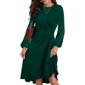 imageHappy Sailed Womens Long Sleeve Ruched Waist Flowy A Line High Low Midi Cocktail Party DressBlackish Green