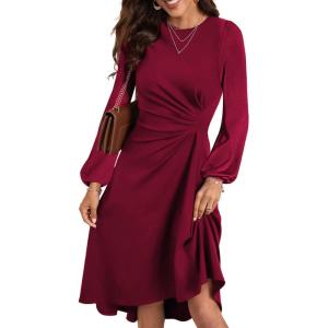 imageHappy Sailed Womens Long Sleeve Ruched Waist Flowy A Line High Low Midi Cocktail Party DressBurgundy
