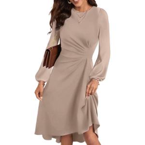 imageHappy Sailed Womens Long Sleeve Ruched Waist Flowy A Line High Low Midi Cocktail Party DressKhaki