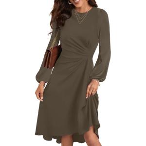 imageHappy Sailed Womens Long Sleeve Ruched Waist Flowy A Line High Low Midi Cocktail Party DressLight Brown
