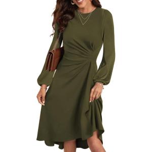 imageHappy Sailed Womens Long Sleeve Ruched Waist Flowy A Line High Low Midi Cocktail Party DressMoss Green