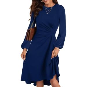 imageHappy Sailed Womens Long Sleeve Ruched Waist Flowy A Line High Low Midi Cocktail Party DressNavy Blue