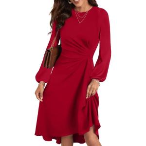 imageHappy Sailed Womens Long Sleeve Ruched Waist Flowy A Line High Low Midi Cocktail Party DressRed
