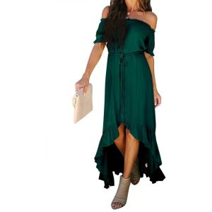 imageHappy Sailed Womens Off The Shoulder Maxi Dress Casual Short Sleeve Ruffle High Low Cocktail Party Wedding Guest DressesGreen 1