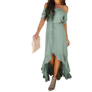 imageHappy Sailed Womens Off The Shoulder Maxi Dress Casual Short Sleeve Ruffle High Low Cocktail Party Wedding Guest DressesGreen