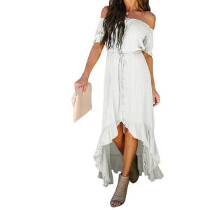 imageHappy Sailed Womens Off The Shoulder Maxi Dress Casual Short Sleeve Ruffle High Low Cocktail Party Wedding Guest DressesWhite
