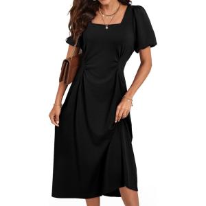 imageHappy Sailed Womens Summer Short Sleeve Square Neck Ruched Waist Flowy A Line Midi Cocktail Party DressBlack