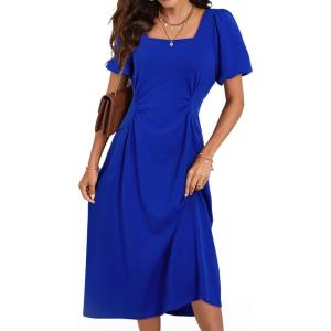 imageHappy Sailed Womens Summer Short Sleeve Square Neck Ruched Waist Flowy A Line Midi Cocktail Party DressBlue