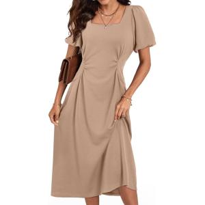 imageHappy Sailed Womens Summer Short Sleeve Square Neck Ruched Waist Flowy A Line Midi Cocktail Party DressChampagne
