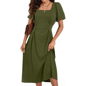 imageHappy Sailed Womens Summer Short Sleeve Square Neck Ruched Waist Flowy A Line Midi Cocktail Party DressGreen