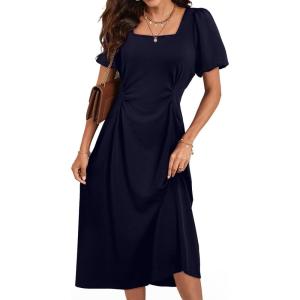 imageHappy Sailed Womens Summer Short Sleeve Square Neck Ruched Waist Flowy A Line Midi Cocktail Party DressNavy Blue