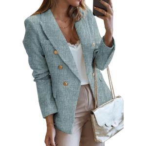 imageHappy Sailed Womens Tweed Blazers Casual Long Sleeve Double Breasted Open Front Blazer Jackets Work SuitsBlue