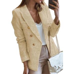 imageHappy Sailed Womens Tweed Blazers Casual Long Sleeve Double Breasted Open Front Blazer Jackets Work SuitsKhaki