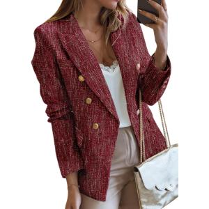 imageHappy Sailed Womens Tweed Blazers Casual Long Sleeve Double Breasted Open Front Blazer Jackets Work SuitsRed