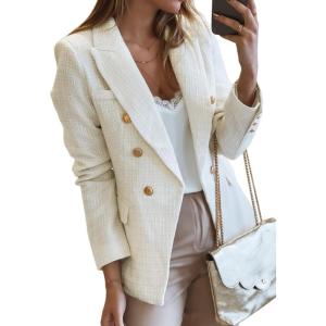 imageHappy Sailed Womens Tweed Blazers Casual Long Sleeve Double Breasted Open Front Blazer Jackets Work SuitsWhite