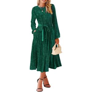 imageHappy Sailed Womens Velvet Dress Fashion Spring Lantern Sleeve High Waist ALine Long Formal Party DressesGreen