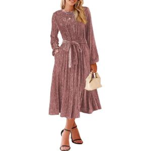 imageHappy Sailed Womens Velvet Dress Fashion Spring Lantern Sleeve High Waist ALine Long Formal Party DressesPink