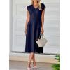 imageHappy Sailed Womens Pleated Midi Dress Summer V Neck Cap Sleeve Slim Fit ALine Cocktail Party DressesNavy Blue