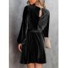 imageHappy Sailed Womens Velvet Dress Fall Fashion Lantern Sleeve High Waist ALine Skater Cocktail Party Dresses with BeltBlack