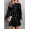 imageHappy Sailed Womens Velvet Dress Fall Fashion Lantern Sleeve High Waist ALine Skater Cocktail Party Dresses with BeltBlack