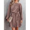 imageHappy Sailed Womens Velvet Dress Fall Fashion Lantern Sleeve High Waist ALine Skater Cocktail Party Dresses with BeltPink