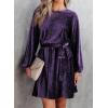 imageHappy Sailed Womens Velvet Dress Fall Fashion Lantern Sleeve High Waist ALine Skater Cocktail Party Dresses with BeltPurple