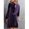 imageHappy Sailed Womens Velvet Dress Fall Fashion Lantern Sleeve High Waist ALine Skater Cocktail Party Dresses with BeltS Purple