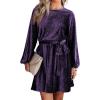 imageHappy Sailed Womens Velvet Dress Fall Fashion Lantern Sleeve High Waist ALine Skater Cocktail Party Dresses with BeltS Purple