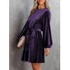 imageHappy Sailed Womens Velvet Dress Fall Fashion Lantern Sleeve High Waist ALine Skater Cocktail Party Dresses with BeltS Purple