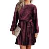 imageHappy Sailed Womens Velvet Dress Fall Fashion Lantern Sleeve High Waist ALine Skater Cocktail Party Dresses with BeltRed