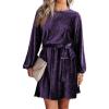 imageHappy Sailed Womens Velvet Dress Fall Fashion Lantern Sleeve High Waist ALine Skater Cocktail Party Dresses with BeltS Purple