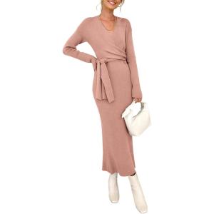 imageHappy Sailed Formal Dress for Women Spring Long Sleeve Wrap V Neck Knit Dress Casual Tie Waist Midi Sweater Dresses for Women 2025 Pink Medium