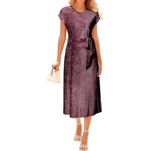 imageHappy Sailed Winter Fall Sleeveless Crewneck Velvet Cocktail Dress Party Midi Dresses with PocketsBurgundy