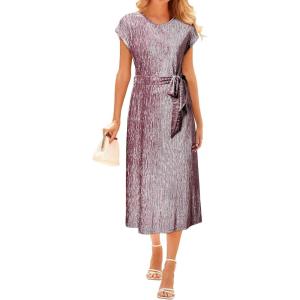 imageHappy Sailed Winter Fall Sleeveless Crewneck Velvet Cocktail Dress Party Midi Dresses with PocketsPink Purple