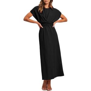 imageHappy Sailed Womens Formal Dress 2025 Trendy Elegant Batwing Sleeve Front Wrap Tie Waist Long Maxi Cocktail Party DressesBlack