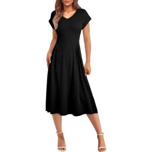 imageHappy Sailed Womens Pleated Midi Dress Summer V Neck Cap Sleeve Slim Fit ALine Cocktail Party DressesBlack