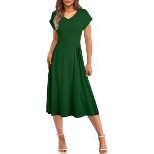 imageHappy Sailed Womens Pleated Midi Dress Summer V Neck Cap Sleeve Slim Fit ALine Cocktail Party DressesBlackish Green