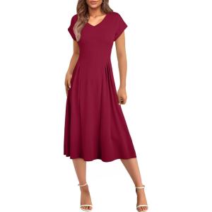 imageHappy Sailed Womens Pleated Midi Dress Summer V Neck Cap Sleeve Slim Fit ALine Cocktail Party DressesBurgundy