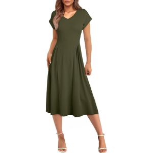imageHappy Sailed Womens Pleated Midi Dress Summer V Neck Cap Sleeve Slim Fit ALine Cocktail Party DressesJungle Green