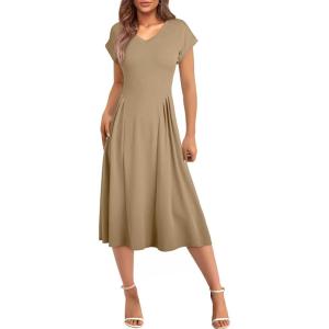 imageHappy Sailed Womens Pleated Midi Dress Summer V Neck Cap Sleeve Slim Fit ALine Cocktail Party DressesKhaki