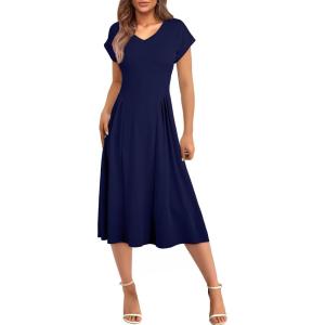 imageHappy Sailed Womens Pleated Midi Dress Summer V Neck Cap Sleeve Slim Fit ALine Cocktail Party DressesNavy Blue
