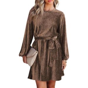 imageHappy Sailed Womens Velvet Dress Fall Fashion Lantern Sleeve High Waist ALine Skater Cocktail Party Dresses with BeltBrown