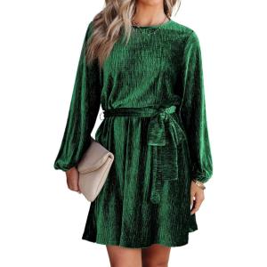imageHappy Sailed Womens Velvet Dress Fall Fashion Lantern Sleeve High Waist ALine Skater Cocktail Party Dresses with BeltGreen